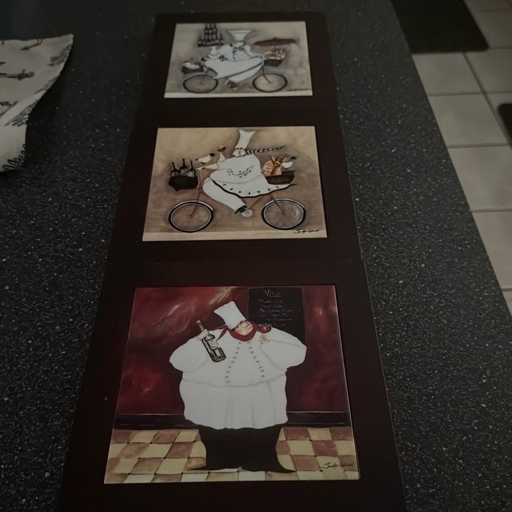 Charming Chef Wall Art Set - Brown Frames 9”x9”
